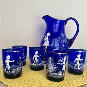Vintage Cobalt Blue Glass Mary Gregory Hand Painted 9.5" Pitcher 5 Glasses